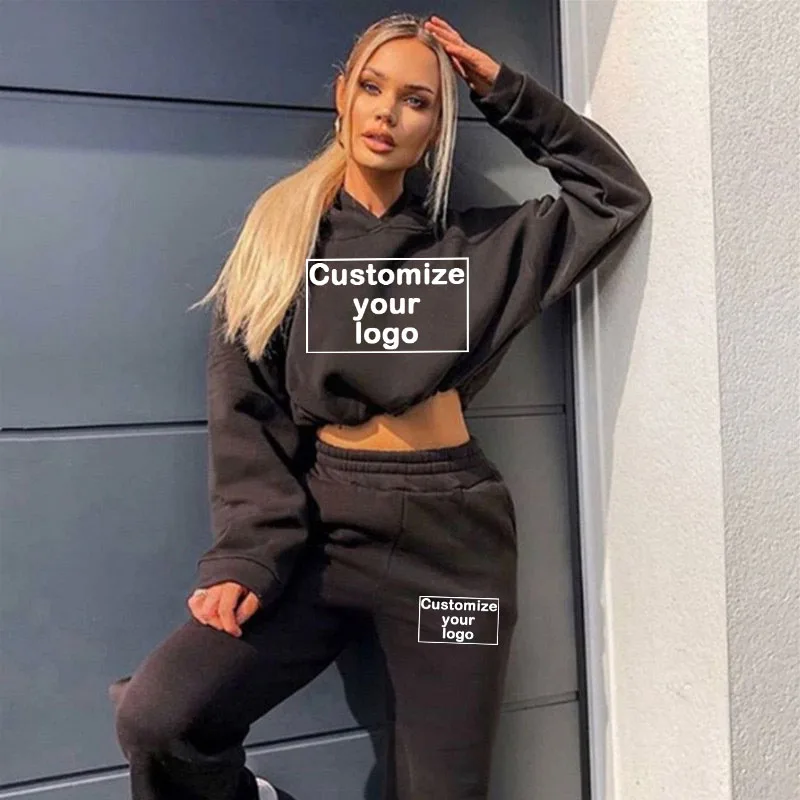 Customized women's sportswear with your logo a two-piece set of hoodies and pants casual hooded and sexy open navel sportswear