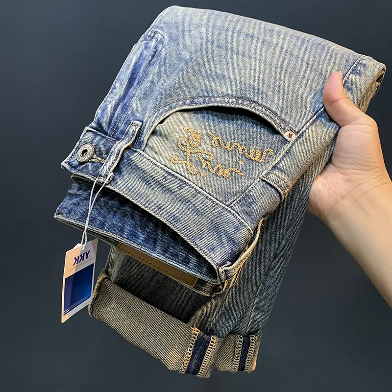 High-End Washed Jeans Men's Trendy Embroidered Loose Harem Design Summer Thin Light Straight-Leg Saggy Casual Pants