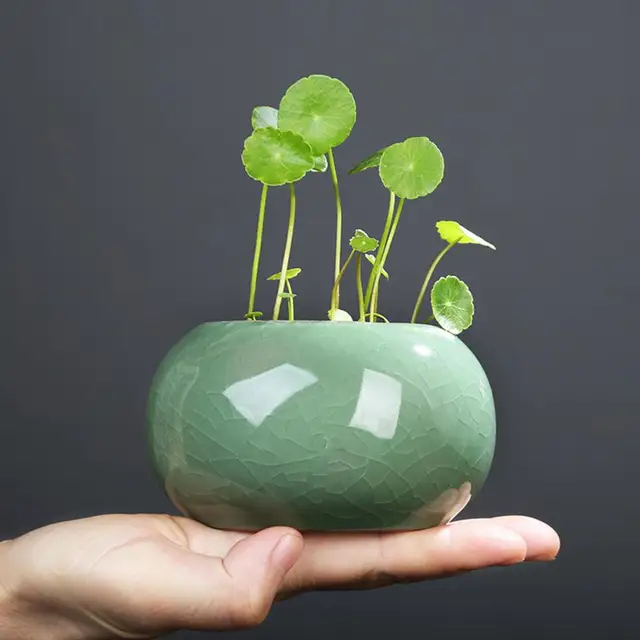 11cm Ceramic Flowerpot Ice-cracked Bowl Lotus Planter Mini Vase Glazed Bonsai Planting Pennywort Thou Jun Kiln Hydroponic Pot 2