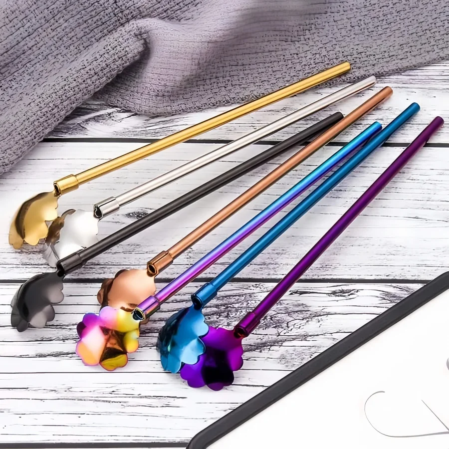 Cherry Blossom Stainless Steel Straw Spoon Set with Cleaning Brush - Ideal for Summer Drinks and Cocktails