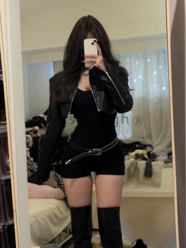Gothic Sexy Y2k Two Piece Set Women Korean Casual High Street Retro Suit Female Elegant Leather Tops + High Waist Jumpsuit 2024 3