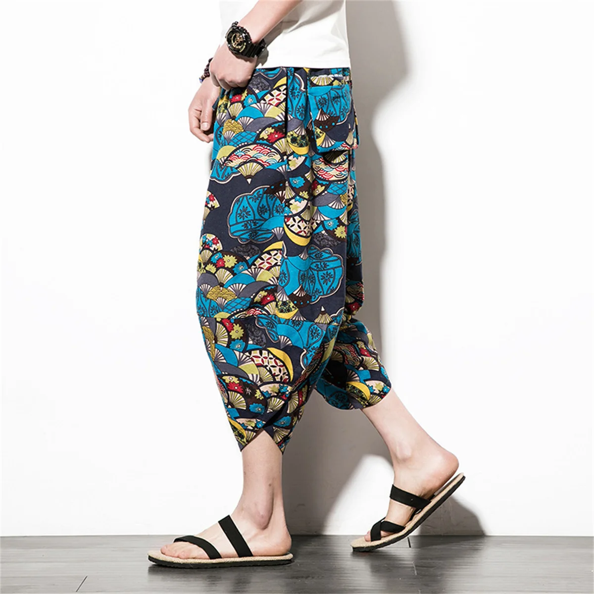 Harajuku Summer Loose Calf Length Casual Pants Men Wide Leg Cotton Linen Printing Baggy Pants Oversize Men's Trousers 6