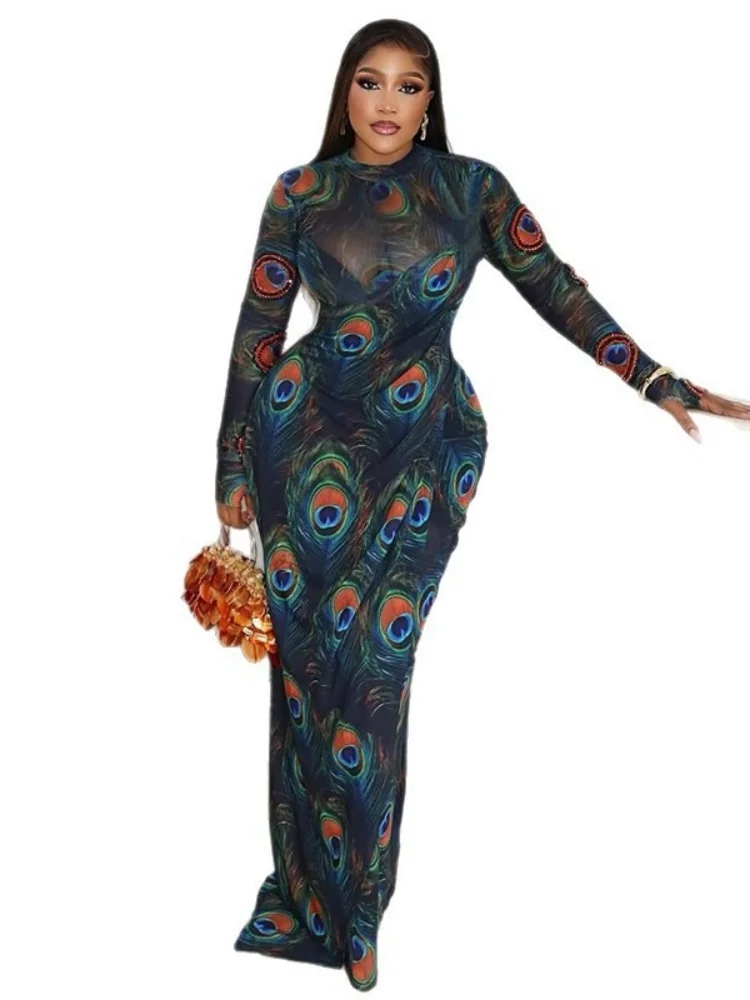 Wmstar Dress Women Wholesale Personalized Elegant with Printed Slightly Transparent High Neck Long Sleeved Slim Fit Trendy