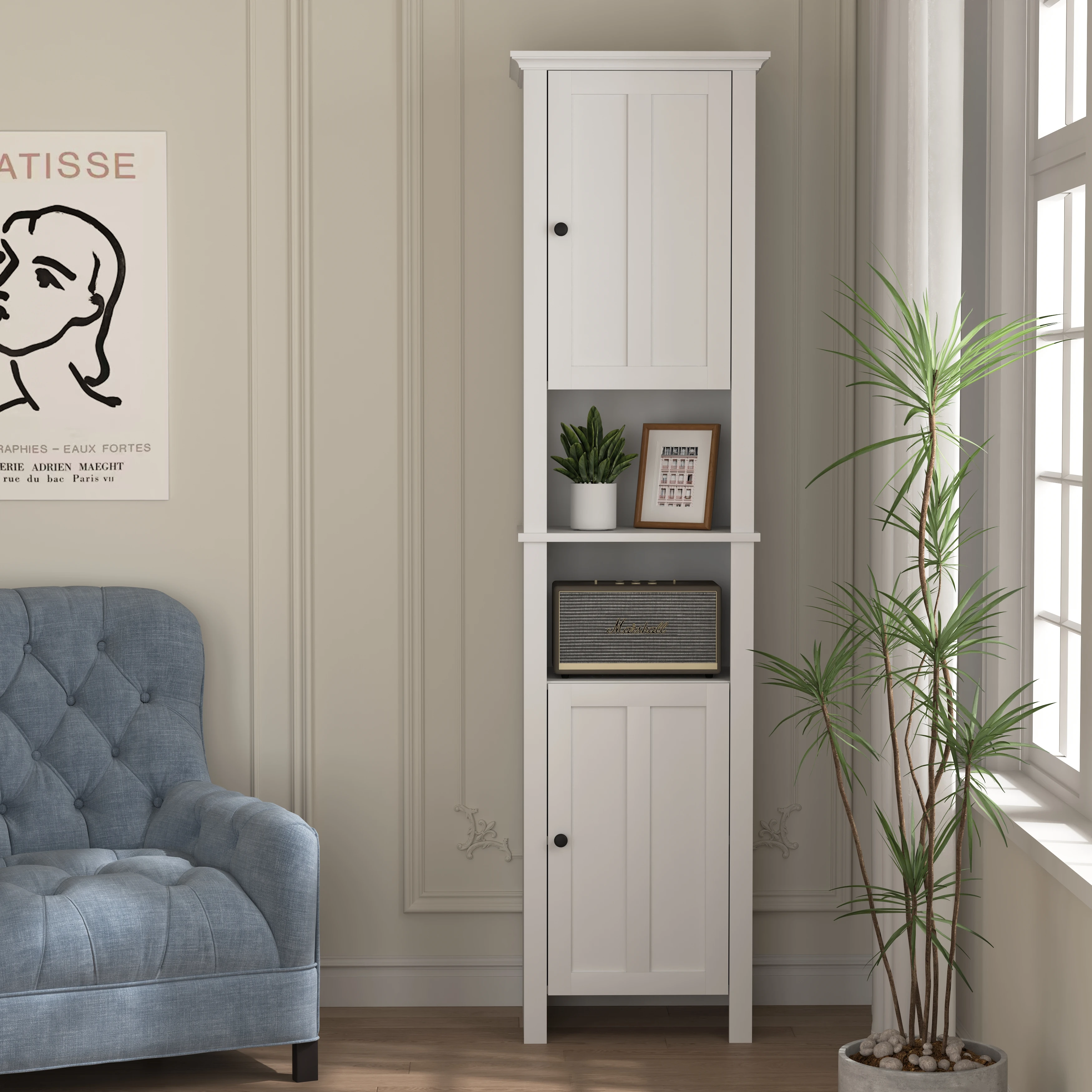 Modern Style 6- Shelf Wooden Bathroom Floor Storage Cabinet 2-Door Living Room Furniture 15.75 X 11.81 X 66.93 Inch For Bedrooms