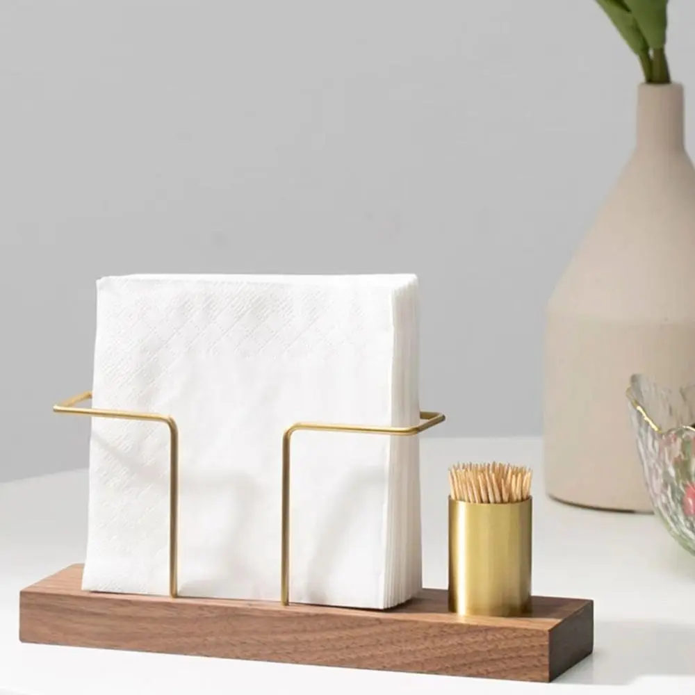 

Wooden Napkin Holder Multi-use Gold Vertical Tissue Dispenser with Toothpick Case Metal Tissue Box Restaurant