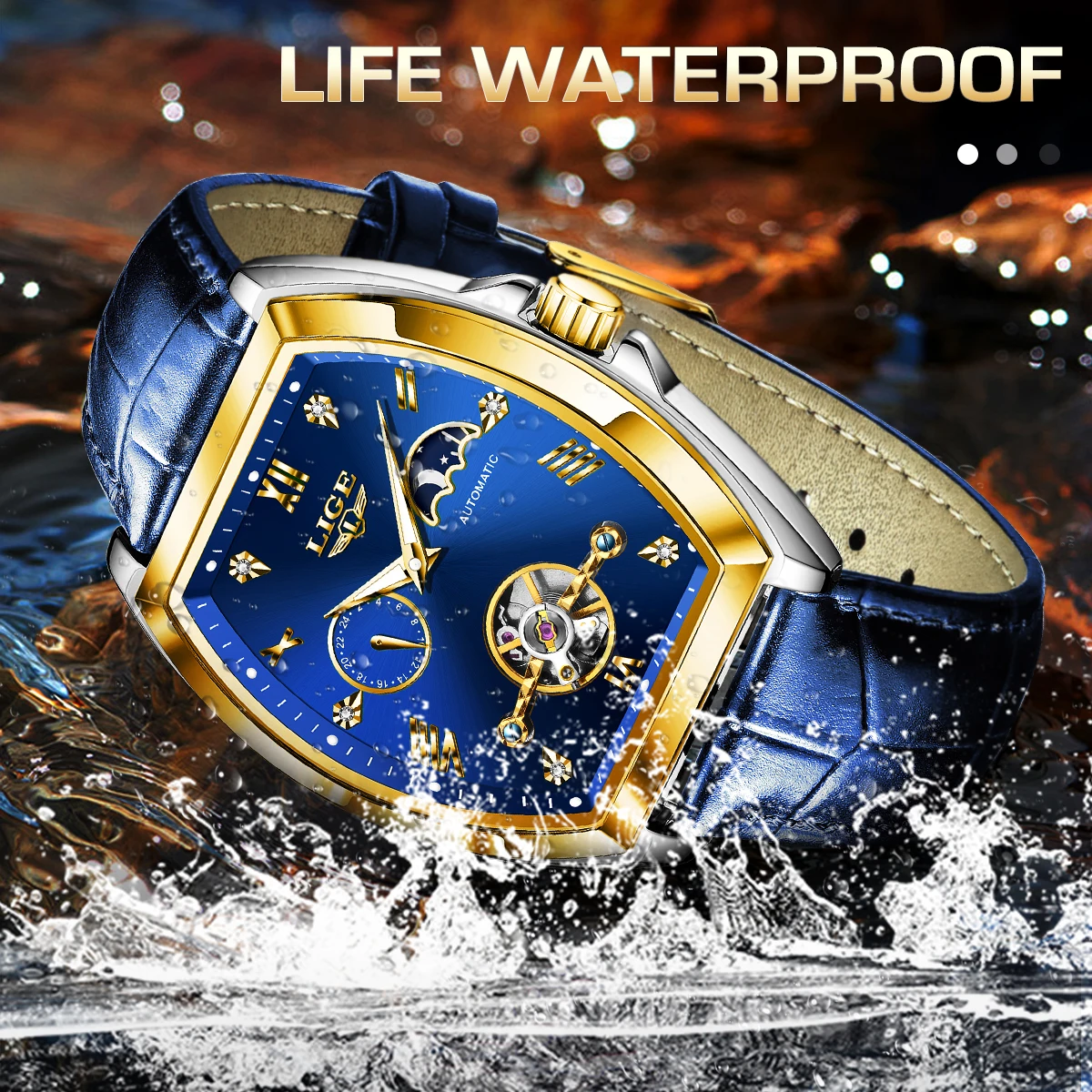 LIGE Luxury Mens Rectangular Dial Mechanical Watches Waterproof Leather Automatic Luminous Watch Business Men relogios masculino 4
