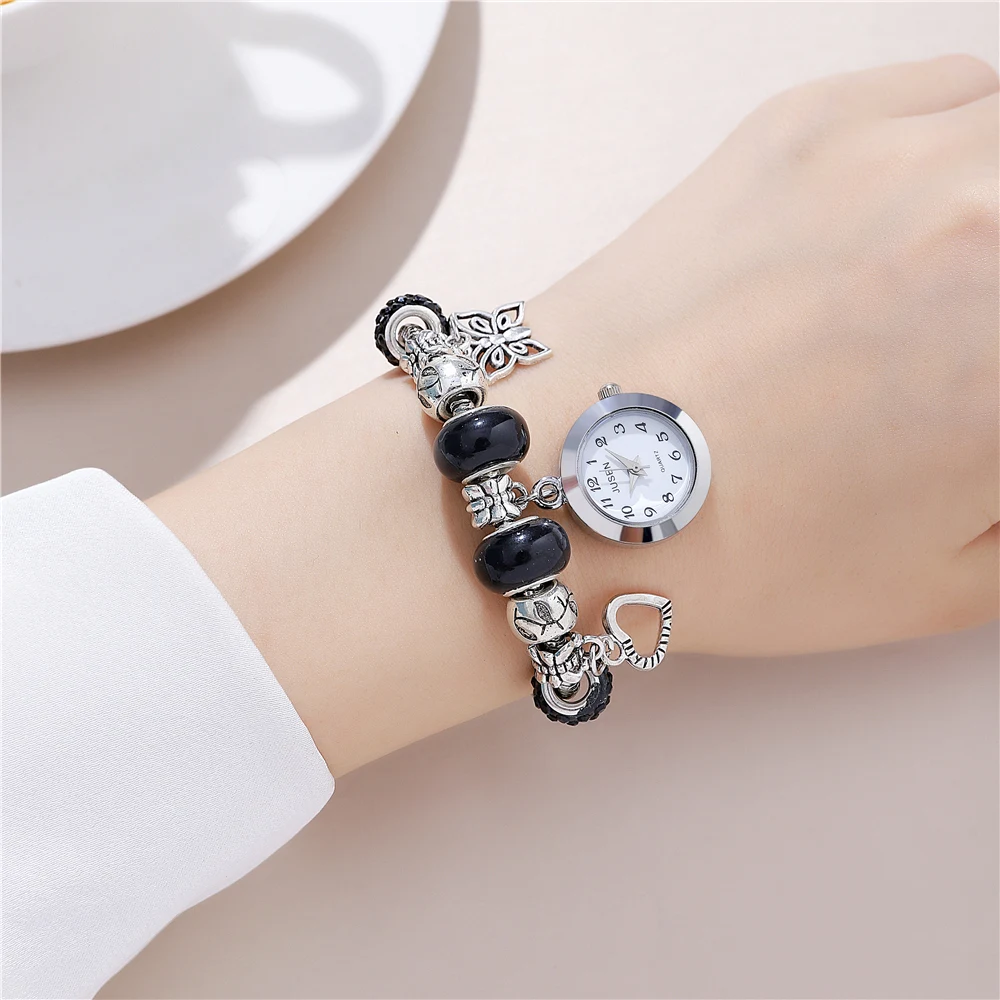 Rhinestone beaded bracelet Love butterfly Pendant Women's bracelet watch 3