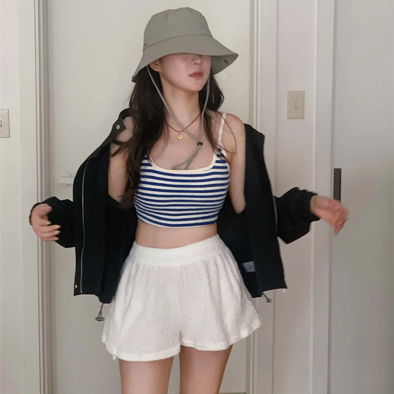 Solid Stripe Bikinis 3 Pcs Casual Sexy Halter Lace-up No Steel Support With Chest Pad Solid Mid Waist Shorts Bikini Swimsuit Set