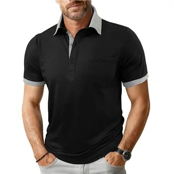 Polo da uomo a maniche corte, vestibilità ampia, con colletto a risvolto e polsini a costine, casual, con bottoni, alla moda