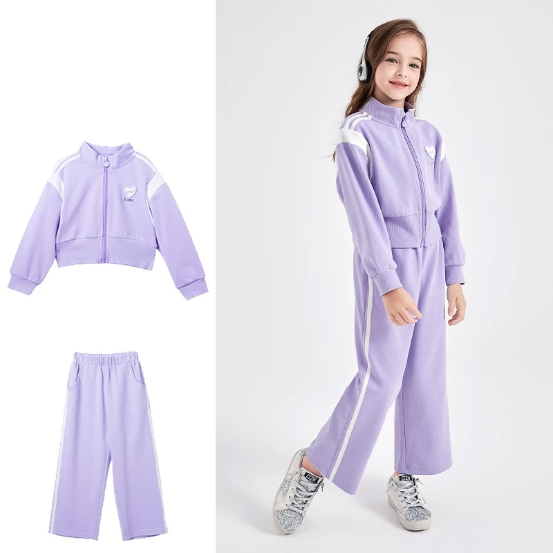 

Spring Autumn Girl Striped Cropped Full Zip Sweatshirt+Loose Drawstring Sweatpant Set School Kids Tracksuit Child Outfit 4-14Yrs