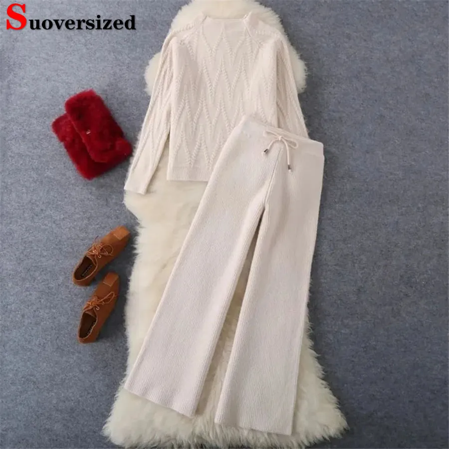 

Трикотажная одежда, пуловеры, комплект из 2 предметов, корейский свитер с воротником «хомут», комплект из трикотажных брюк, повседневный весенний осенний костюм