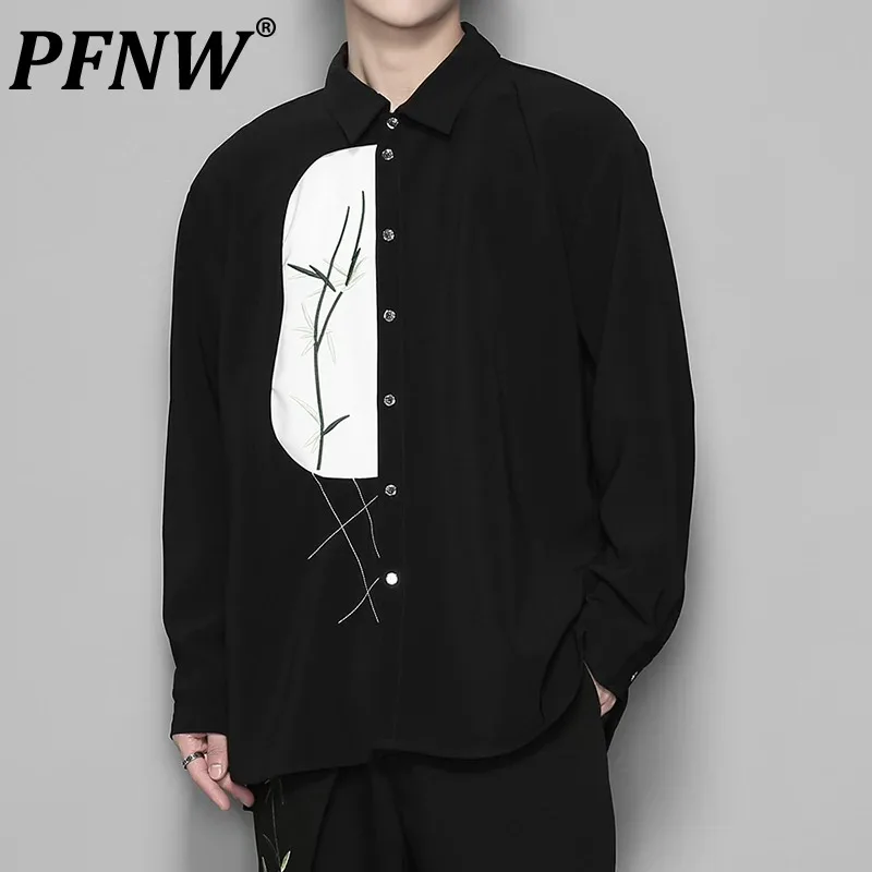

PFNW Men's Tide Original Trendy Shirt Trendy American High Street Punk Niche Chic Color Contrast Embroidery Darkwear Top 12Z4740
