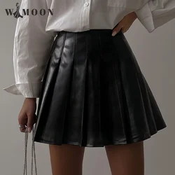 Leather Pleated Skirts For Women 2022 Spring Party Solid PU Fashion Casual Versatile Temperament Club Office Lady Mini Skirt