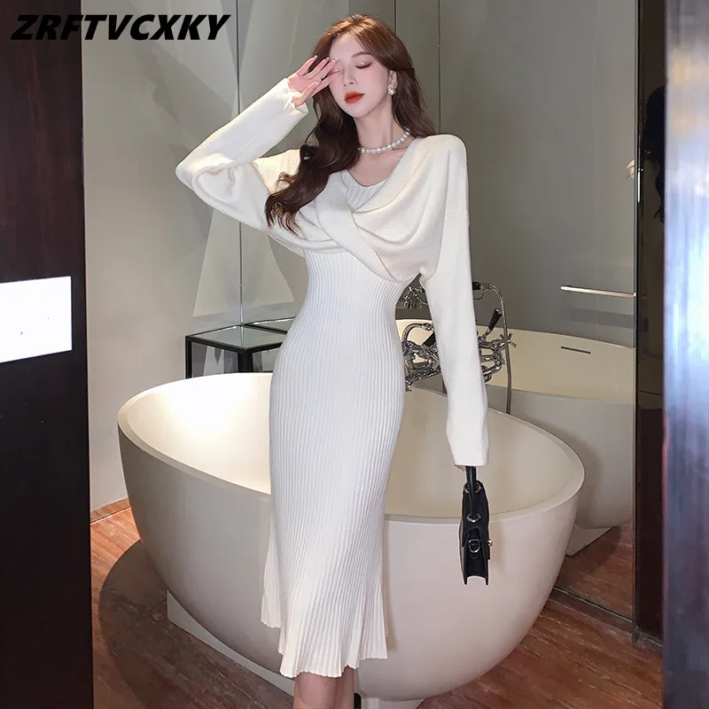 

Sexy Knitting 2 Pieces Set Women's Casual Short Sweater Pullover Top + Elegant Simple Vest Sheath Party Dress Suit Autumn Sets