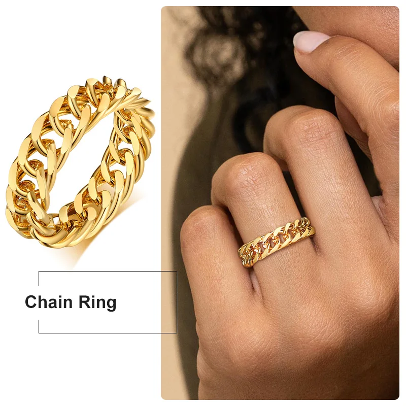6mm Thick Chunky Chain Ring Cuban Curb Link Stainless Steel Stylish Ring for Women Girls
