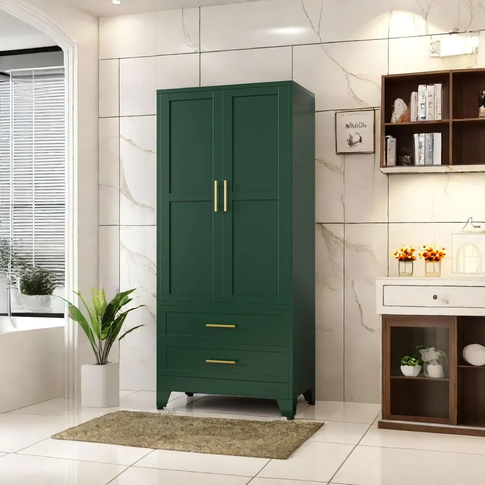 Metal Armoire Wardrobe Closet, Clothing Storage Cabinet with Hanging Rods and 2 Drawers, Household Closet Organizers 5