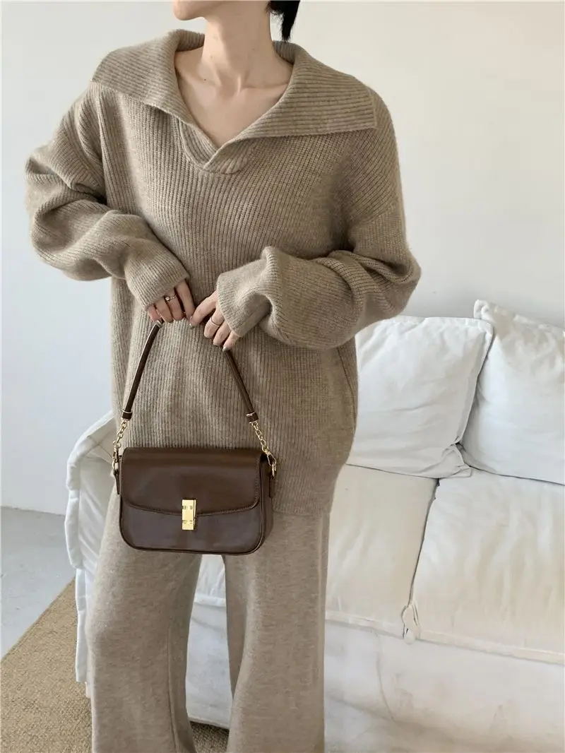 Conjunto de dos piezas de punto para mujer, jersey de solapa, pantalones largos, moda coreana, ropa informal para mujer, prendas de punto nuevas