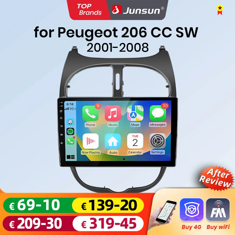 Radio para coche Junsun con Android Auto para Peugeot 206 206CC 206SW 2001 2002 2003-2008, sistema multimedia inalámbrico Apple CarPlay Android Auto, sistemas inteligentes, pantalla IPS, reproductor de vídeo estéreo, 2 Din, autorradio, unidad principal, navegación, BT, GPS, 4G, WIFI, FM, AM, DSP, RDS, SWC 1