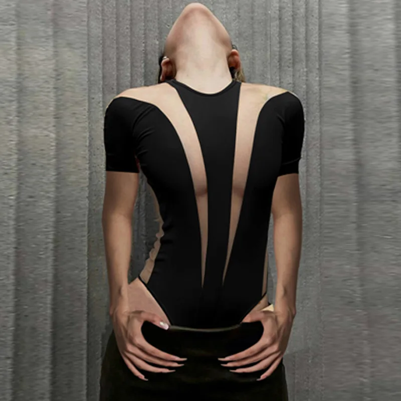 BKLD Clothes For Women 2023 Summer New Fashion Mesh Patchwork Hollow O-Neck Short Sleeve Black Bodysuit Tops Nightclub Outfits