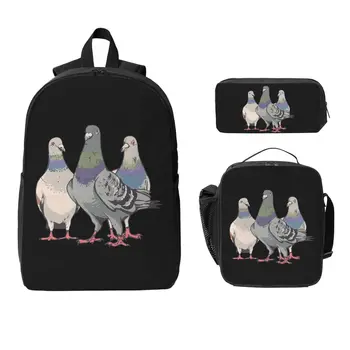 Pigeons, Pigeon Breeding, Pigeon Fanciers Backpack BookBag School Bag Computer Shoulder Bags 3ps Insulated Lunch Bag Pencil Case 1
