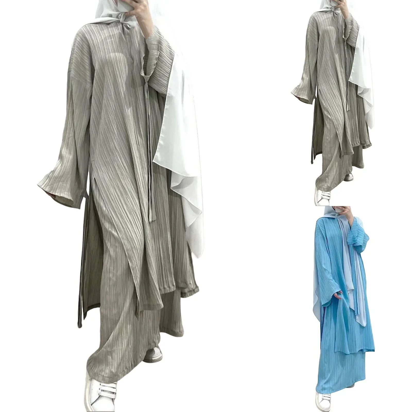 Arab Muslim Women Modest Dress 2024 New Mid Length Long Sleeve Wrinkled Pleated Robe Tops and Skirt Set Islam Abaya Robe - Image 6