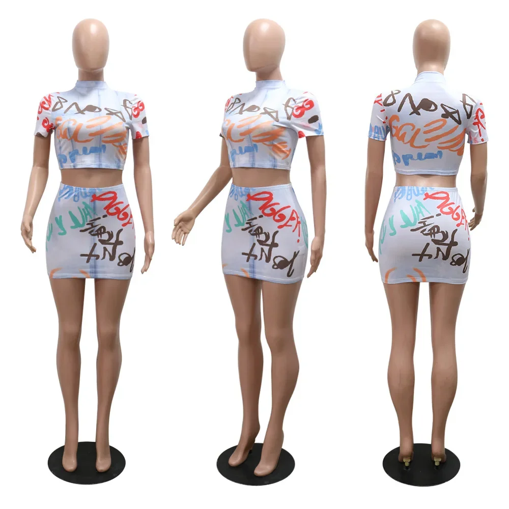 Graphic T Shirts 2 Piece Skirt Sets Mini Elegant Luxury Dress 2024 Summer Clothes Sexy Club Outfit Crop Top Two Piece Skirt Sets