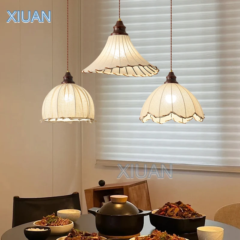 

Retro Wabi-sabi Linen Pendant Lamps Fabric Sconces Medieval Restaurant Chandelier Light for Dining Table Tea Room Decoration E27