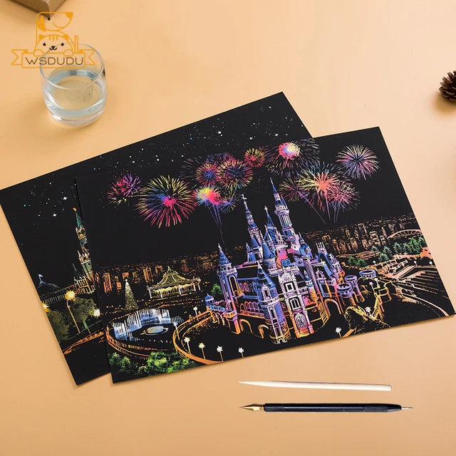 2 Sheets Scratch Paper Art Kit DIY Craft World Landmarks Animals City Scene Stylus Drawing Toy Adult Stress Relief Creative Gift 3