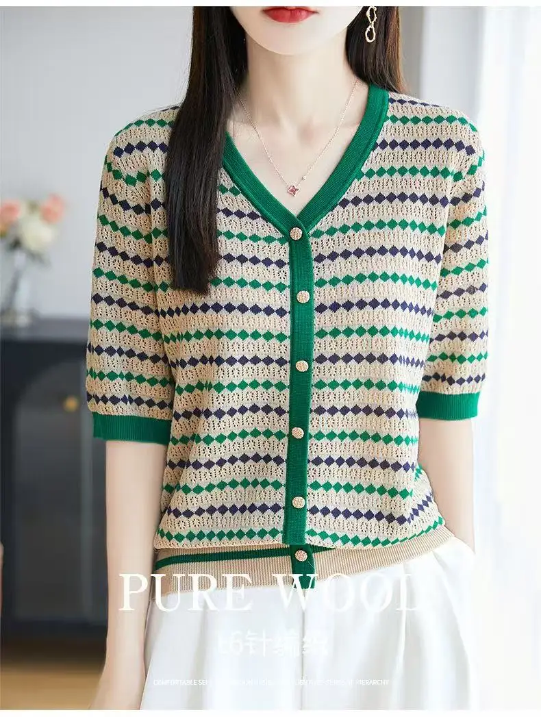 Outlet V-ne Stripe ort Sve Women's Summer Ice Silk Knitted Top Casual Loose Fit Bright Tead Soft Polyester Fiber