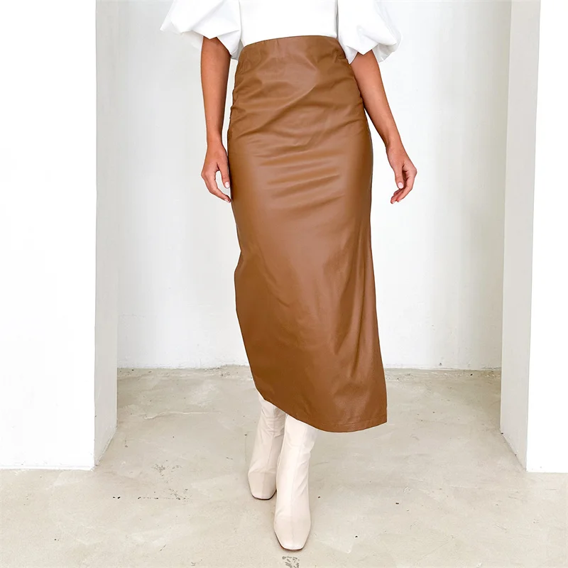 

Women Pleated High Waist Wrapped Bottoms Clothes Solid Color Female Vintage Elegant PU Leather Split Hem Skirt Grunge Streetwear