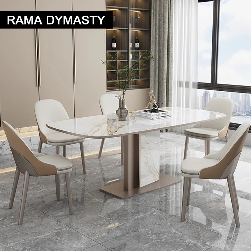 

Light Luxury Glossy Rock Slab Dining Table Home Modern Minimalist Rectangular Creative Dining Table And Chairs Combination