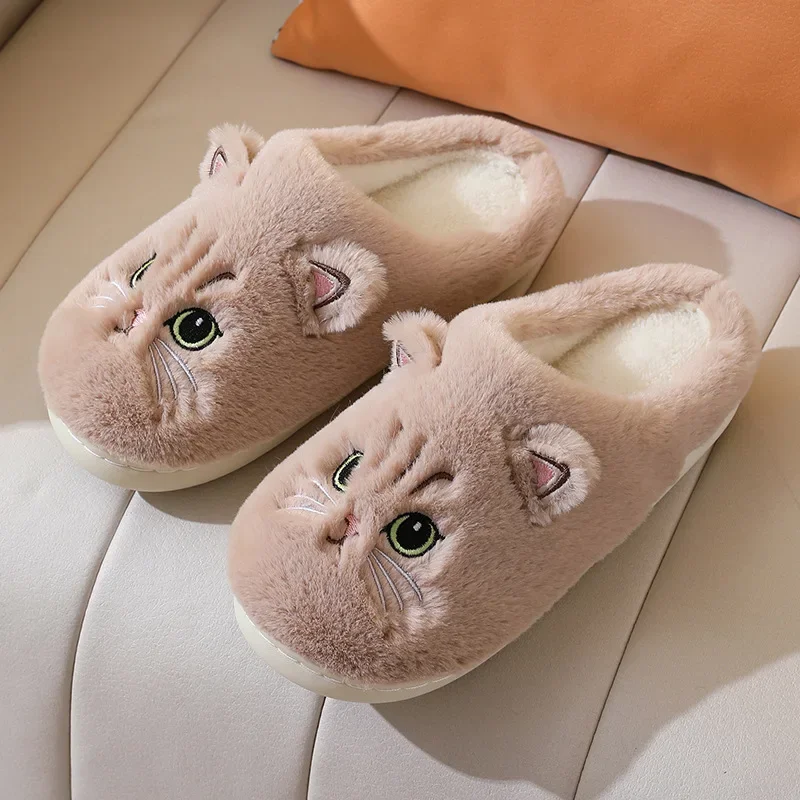 New Winter Women Lovely Cat Plush Slippers Warm Shoes Slides Cute Cartoon Cat Fuzzy Shoes Men Non-slip Home Cotton Slippers