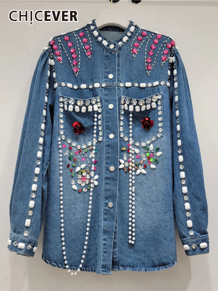 

CHICEVER Patchwork Diamonds Colorblock Blouses For Women Round Neck Long Sleeve Single Breasted Casual Loose Denim Shirts Female