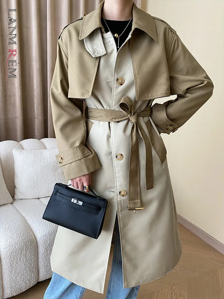 

[LANMREM] Lace-up Gathered Waist Trench For Women Lapel Long Sleeve Spliced Female Outwear Fashion Coat 2024 Spring New 26D5015