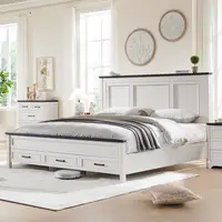 Farmhouse King Size Bed Frame with 52" Tall Full-Panel Headboard, No Squeak, No Box Spring Needed, Antique White 1