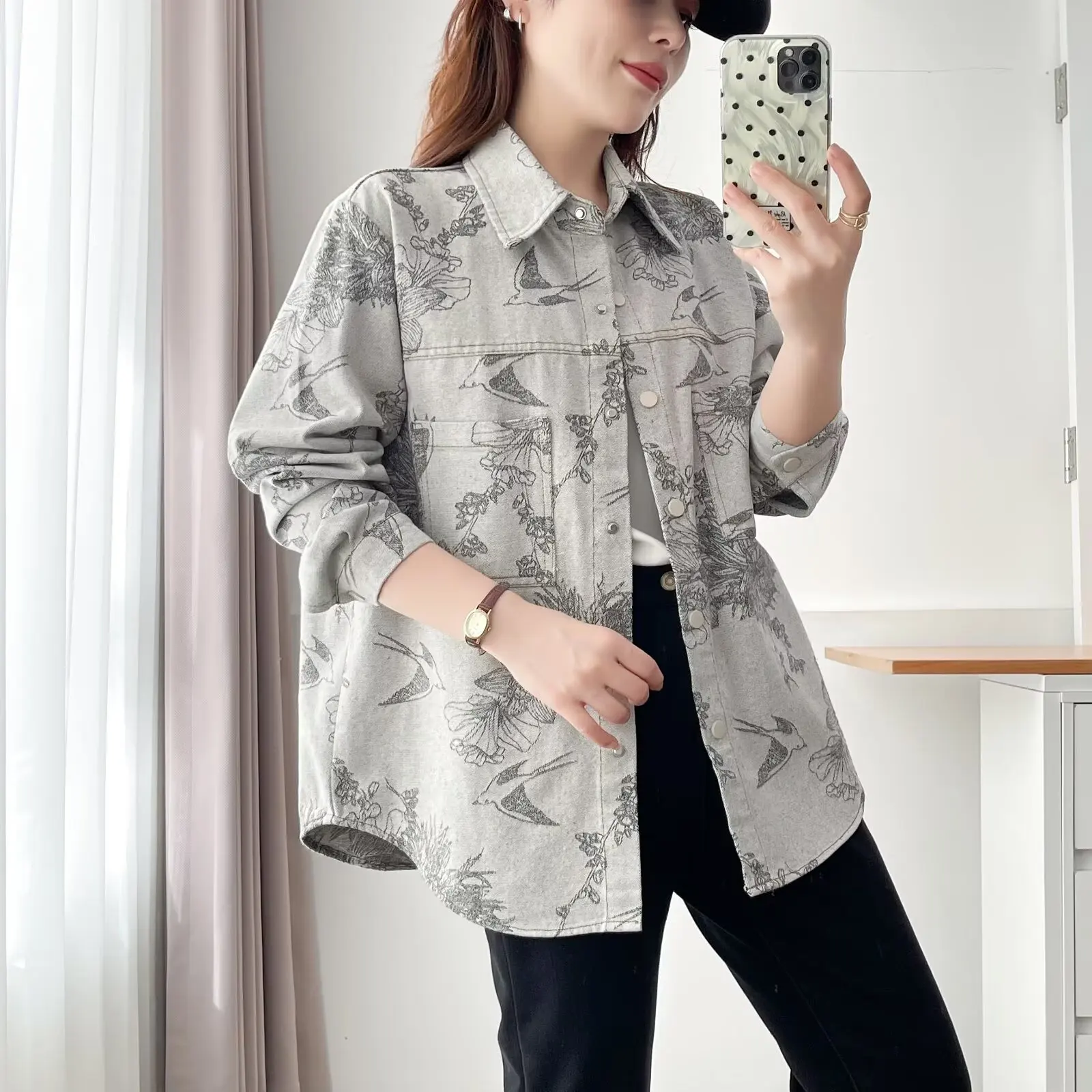 Plus Size Women's Denim Shirt 2025 Autumn New Jacquard Jacket Vintage Fashion Blouses 015