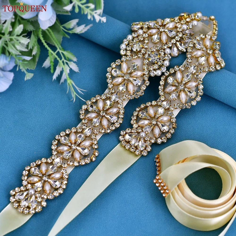TOPQUEEN S161-G Wedding Gold Belt Pearl Rhinestone Belts for