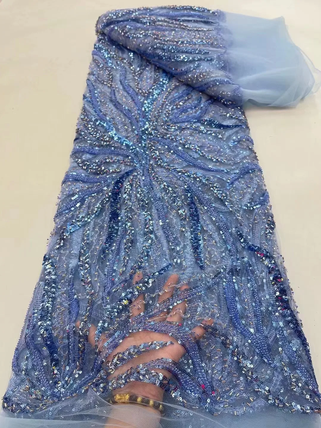 

Blue Beaded Lace Fabric Luxury Bridal Lace African Lace Fabric Sequins Embroidery Tulle Nigerian Lace Fabric High Quality 5Yards