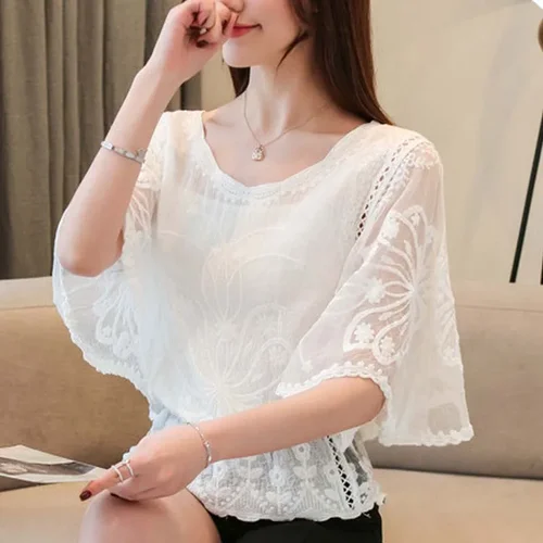 여성용 우아한 루즈 레이스 화이트 블라우스, 캐쥬얼 및 시크 솔리드 할로우 아웃 반팔 셔츠, 스위트 탑, 4073, 여름 신상 4