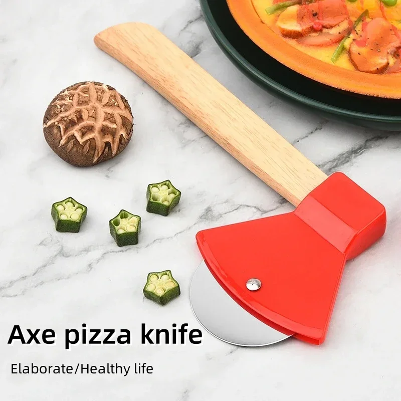 Stainless steel axe pizza cutter Wooden handle Baking tool Single wheel pie cutter 1pc Pizza Cutter