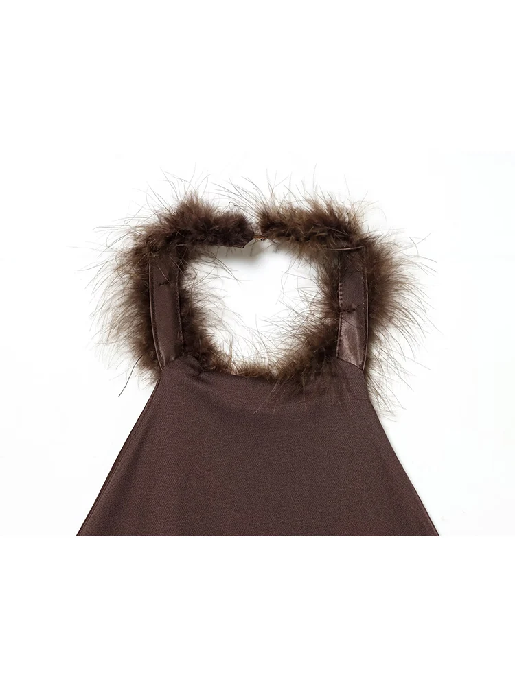New Women's Furry Neck Dress Fashion Backless Skinny Street Halter Dresses Elegant Feather Spliced Sleeveless Mini Dress