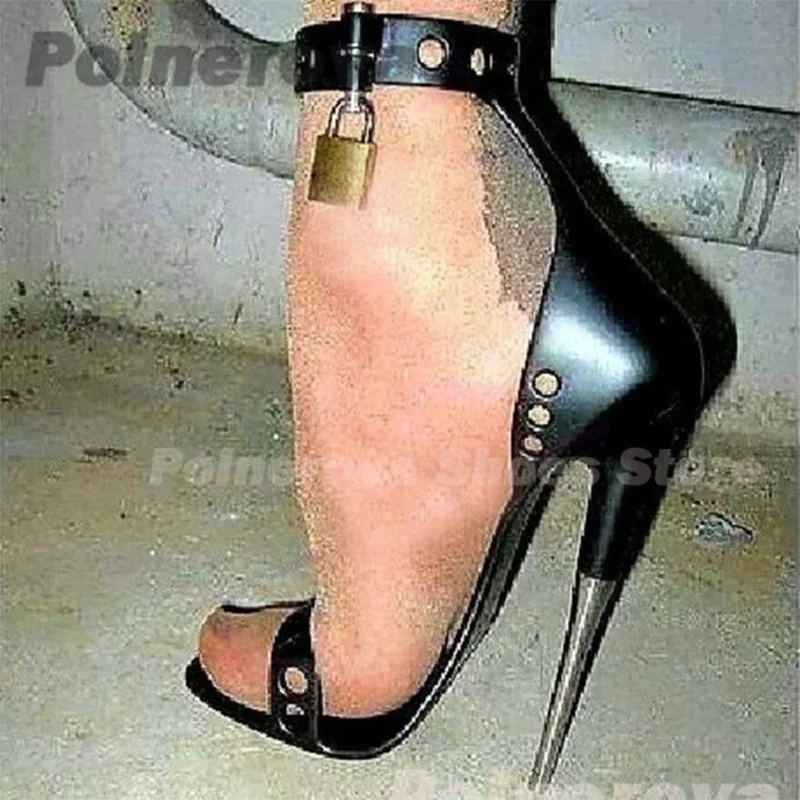 Black Leather High Heels Sandals New Summer Metal Lock Pumps Metal Stiletto High Heels Women's Party  Sexy Purple Red High Heels