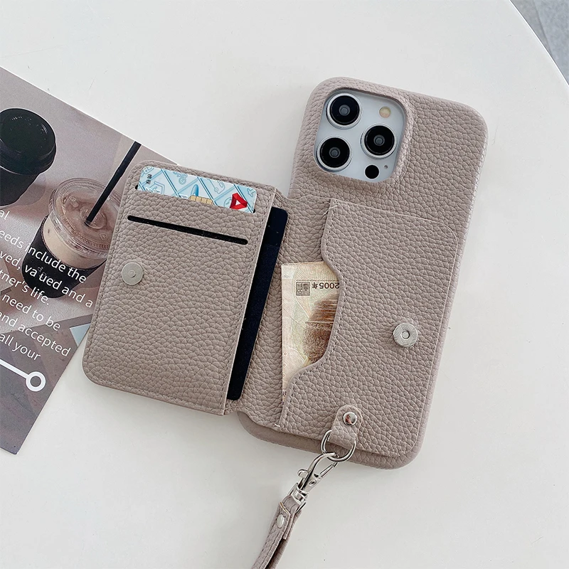 Luxury Litchi Patterned Shockproof PU Leather Wrist Strap Wallet Phone Case