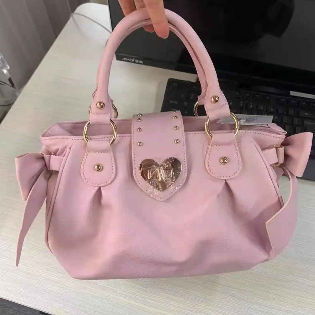 รูปสินค้า Harajuku โบว์สีชมพูกระเป๋าผู้หญิงสไตล์ญี่ปุ่นสบายๆ Crossbody กระเป๋าสุภาพสตรีหวานน่ารักขนาดใหญ่ความจุไหล่กระเป๋า