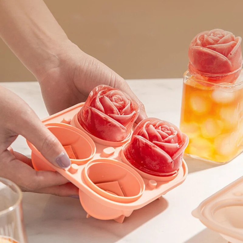 Ice Cube Mold 4 Holes 3D Rose Flower Ice Cube Maker Bear Ice Cube Mold Cake Mould Tray Cream DIY Tool Whiskey Wine Cocktail Silicone Mold