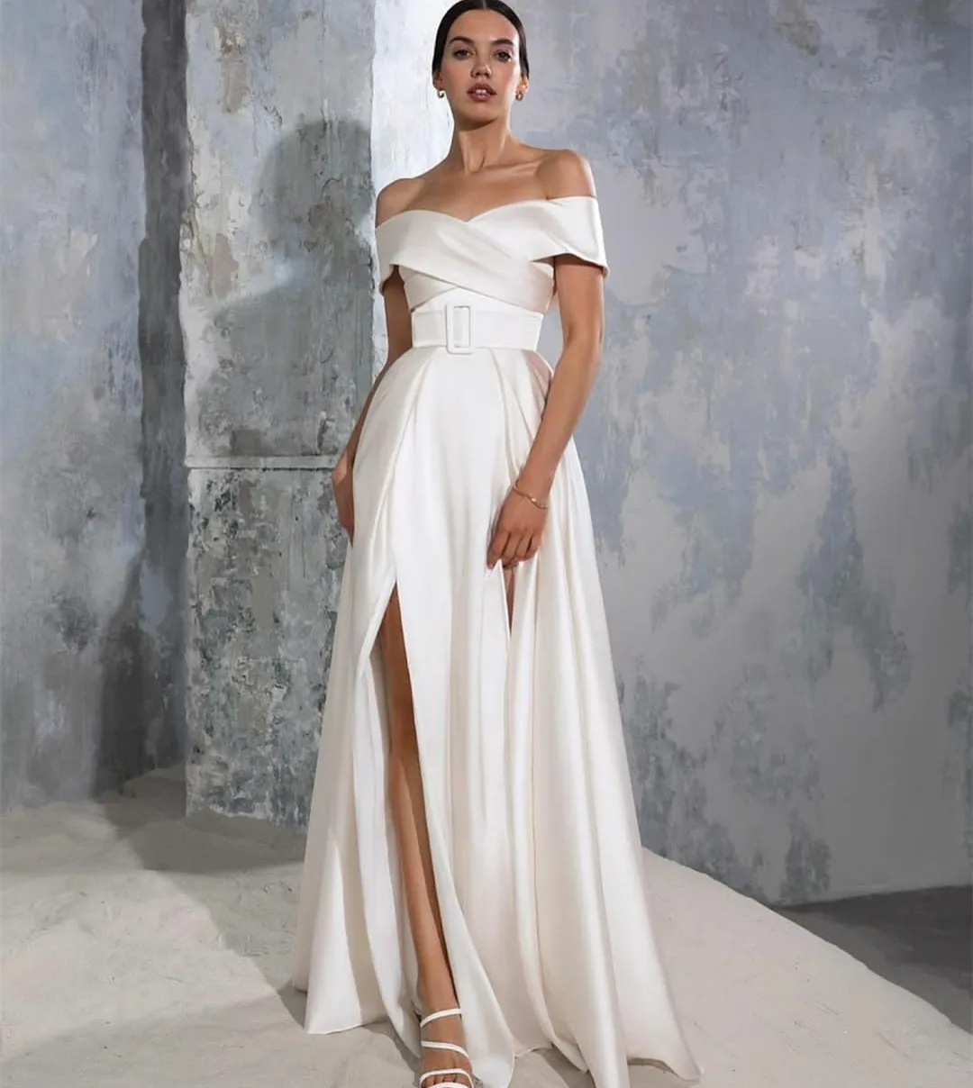 

Simple Satin Wedding Dresses With Slit A-Line Off Shoulder Sweep Train Zip Back Bridal Custom Made for Women