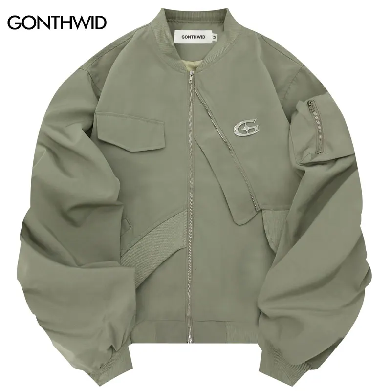 

Hip Hop Baseball Jacket Streetwear Irregular Pleated Double Zipper Bomber Jackets Coat 2023 Fashion Harajuku Solid Loose Coats