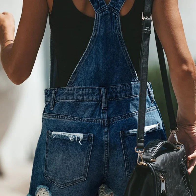 Denim Overalls Women's Ripped Short Short Jumpsuit High Waist Casual Jeans Jumpsuit 2024 Summer Washed Denim Jumpsuit Overalls