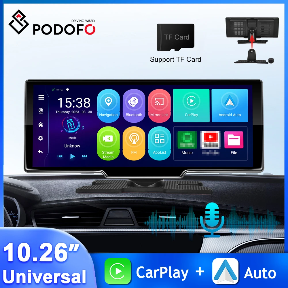 

Podofo 10.26 Inch Dash Cam Rearview Camera Dashboard Wireless Carplay Android Auto Car DVR Monitor WIFI AI Voice Video Player