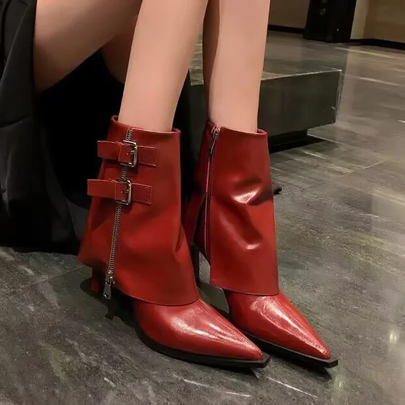 

Ботильоны женские на высоком каблуке, пикантные полусапожки из искусственной кожи, на молнии, с острым носком, с пряжкой, полусапожки на шпильке